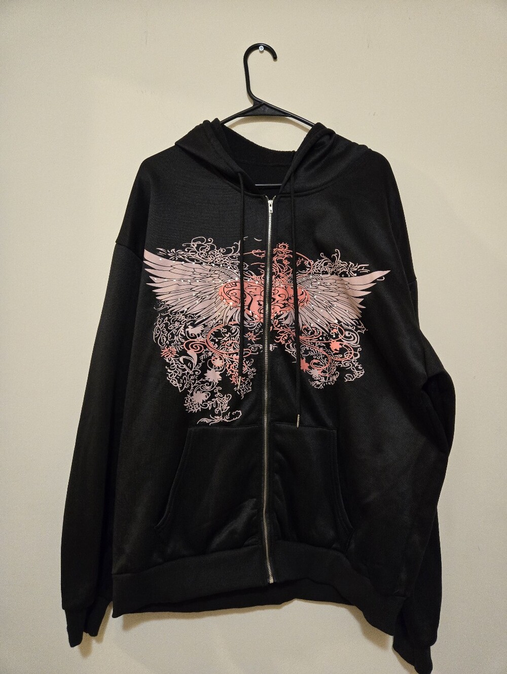 Black Zip-Up Hoodie with Pink Winged Graphic